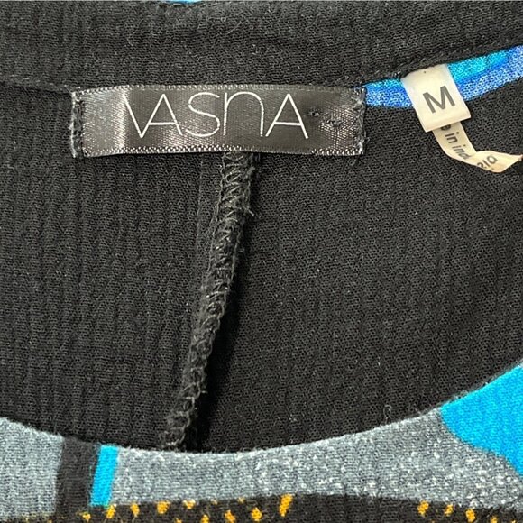 Vasna Sleeveless Dress Size M Abstract Pattern Art to Wear Rayon Black Blue - Picture 4 of 7